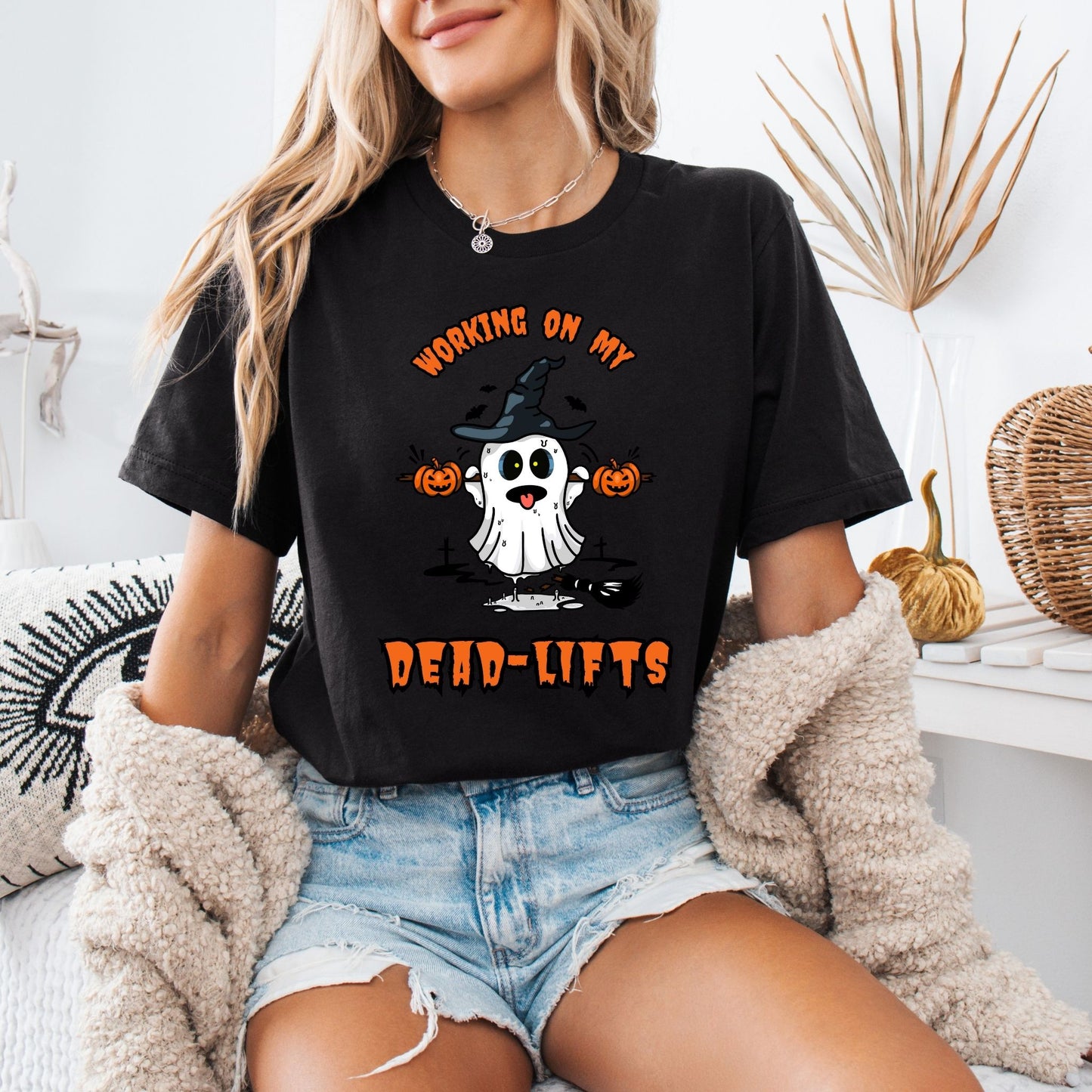 Working on My Dead-Lifts Halloween Shirt – Funny Ghost Gym Tee – Spooky Fitness Shirt – Fall Workout Tee – Bella Canvas or Comfort Colors