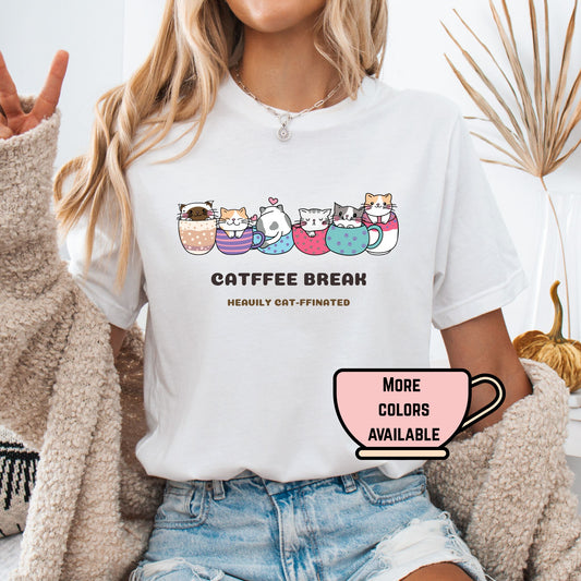 Catffee Break Shirt ā Funny Cat Coffee Tee, Heavily Cat-ffinated, Bella + Canvas or Comfort Colors Cat Mom Shirt