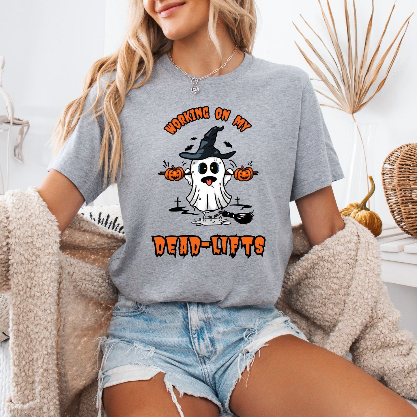 Working on My Dead-Lifts Halloween Shirt – Funny Ghost Gym Tee – Spooky Fitness Shirt – Fall Workout Tee – Bella Canvas or Comfort Colors