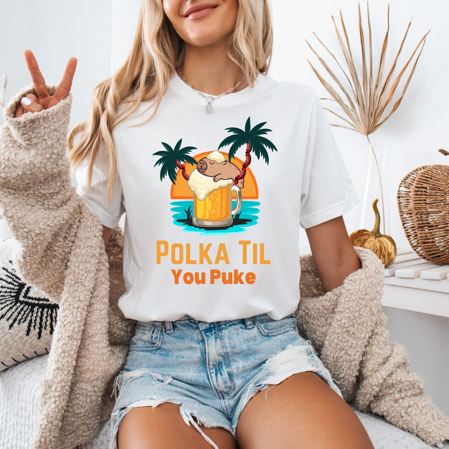 Polka Til You Puke Oktoberfest Shirt – Funny Beer Festival Tee – Sloth & Beer Mug Design – Bella + Canvas 3001