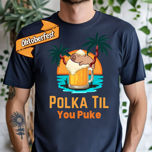 Polka Til You Puke Oktoberfest Shirt – Funny Beer Festival Tee – Sloth & Beer Mug Design – Bella + Canvas 3001 (Copy)