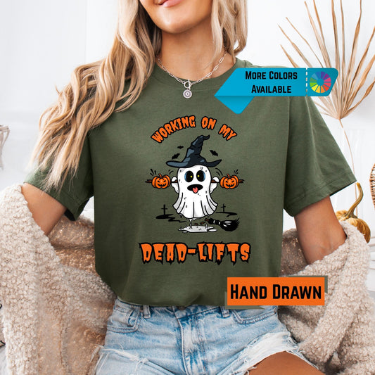 Working on My Dead-Lifts Halloween Shirt – Funny Ghost Gym Tee – Spooky Fitness Shirt – Fall Workout Tee – Bella Canvas or Comfort Colors