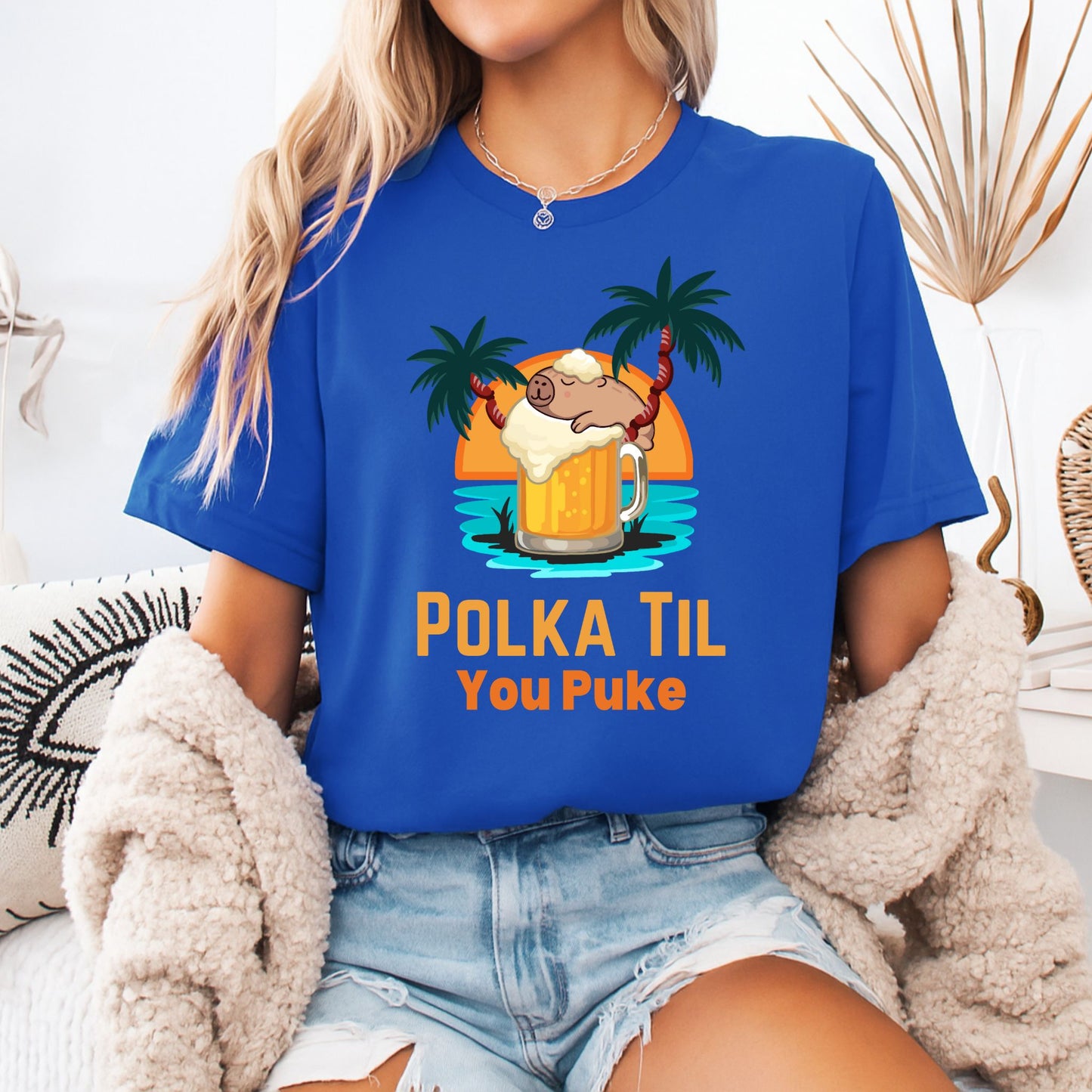 Polka Til You Puke Oktoberfest Shirt – Funny Beer Festival Tee – Sloth & Beer Mug Design – Bella + Canvas 3001