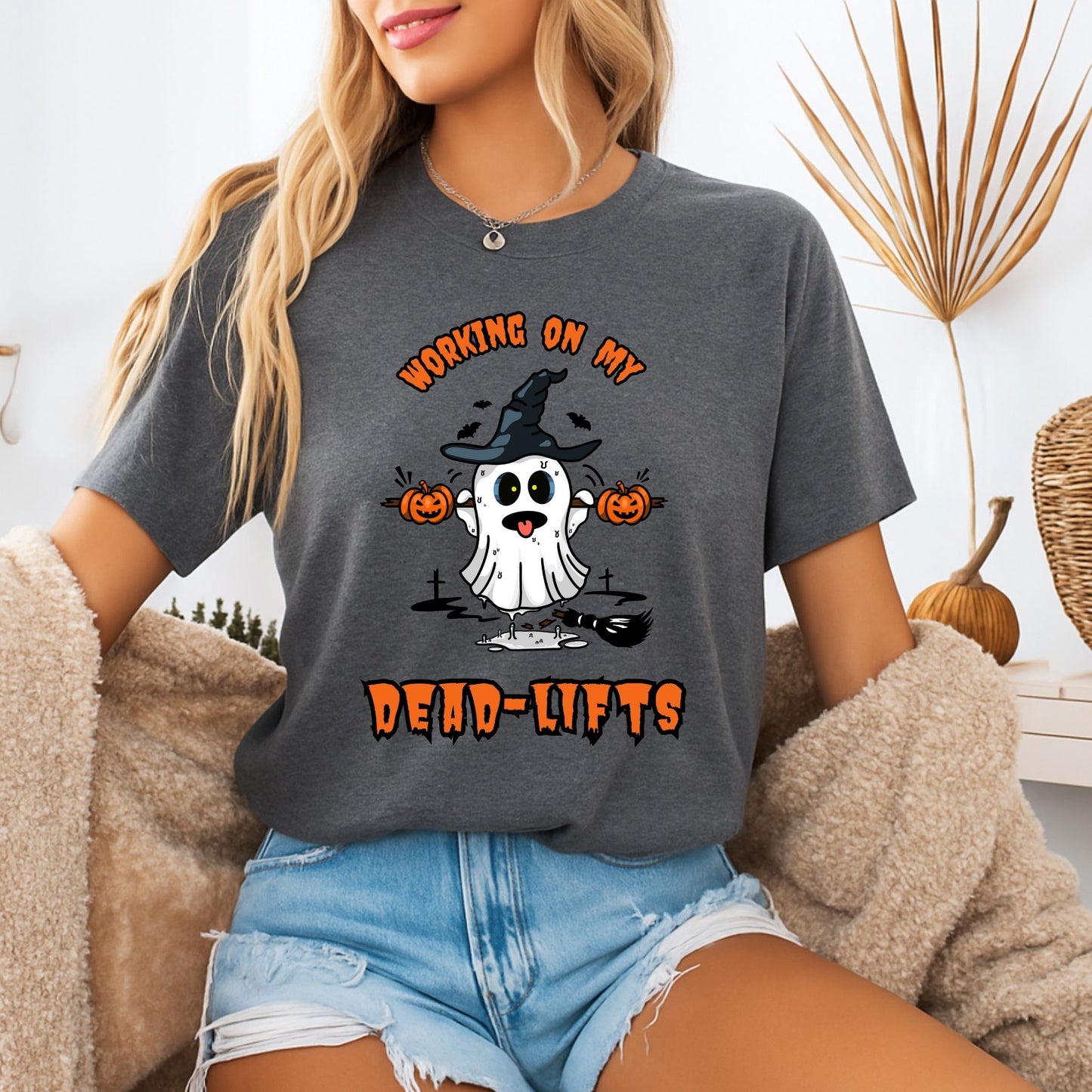 Working on My Dead-Lifts Halloween Shirt – Funny Ghost Gym Tee – Spooky Fitness Shirt – Fall Workout Tee – Bella Canvas or Comfort Colors