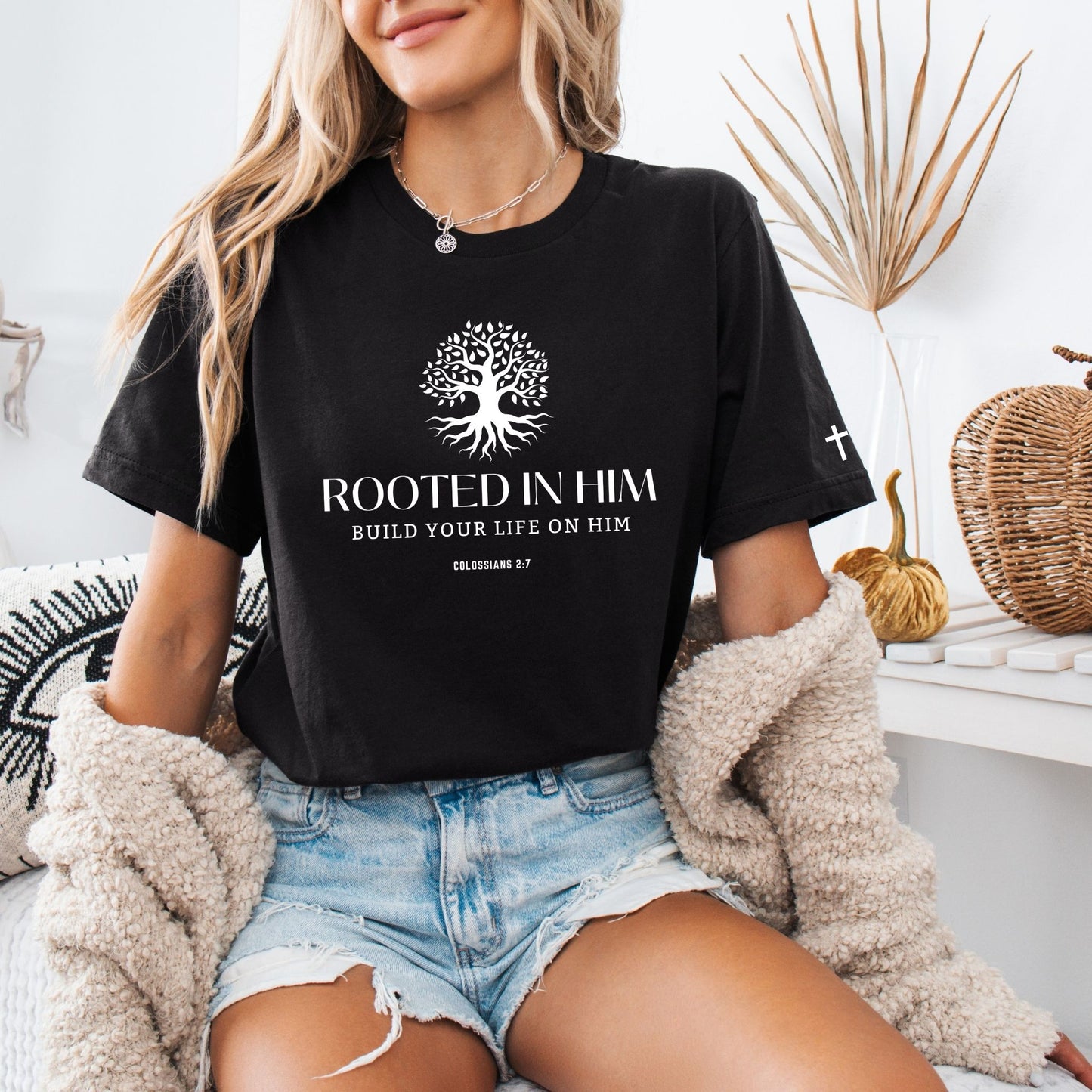 Rooted in Him Shirt – Colossians 2:7 Christian Tee | Bella+Canvas Faith Shirt