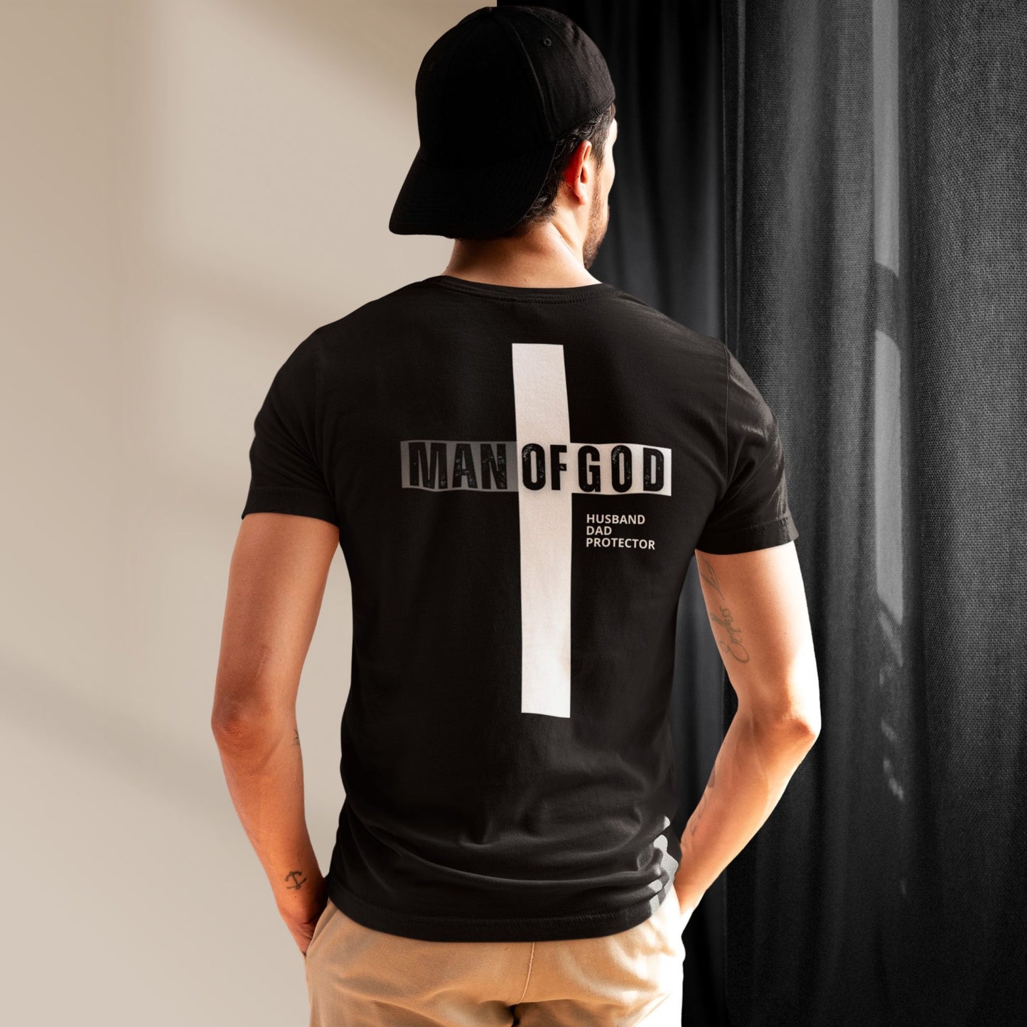 Man of God Christian T-Shirt – Faith-Based Father's Day Gift | M.O.G. Front & Cross Back Design