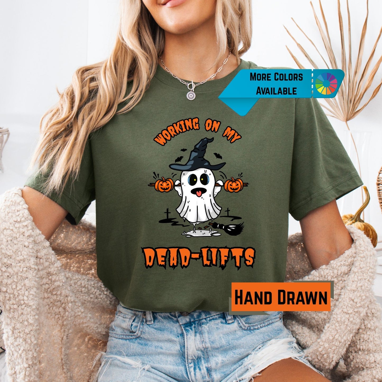 Working on My Dead-Lifts Halloween Shirt – Funny Ghost Gym Tee – Spooky Fitness Shirt – Fall Workout Tee – Bella Canvas or Comfort Colors