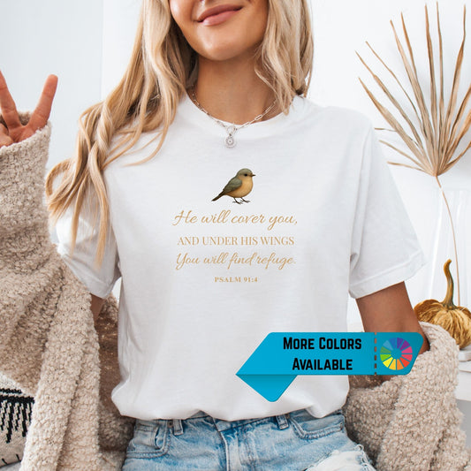 Psalm 91:4 Faith Shirt – Under His Wings You Will Find Refuge | Bird Design Christian Tee | Comfort Colors + Bella Canvas