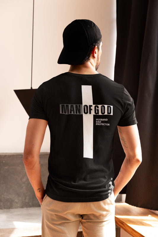 Man of God Christian T-Shirt – Faith-Based Father's Day Gift | M.O.G. Front & Cross Back Design