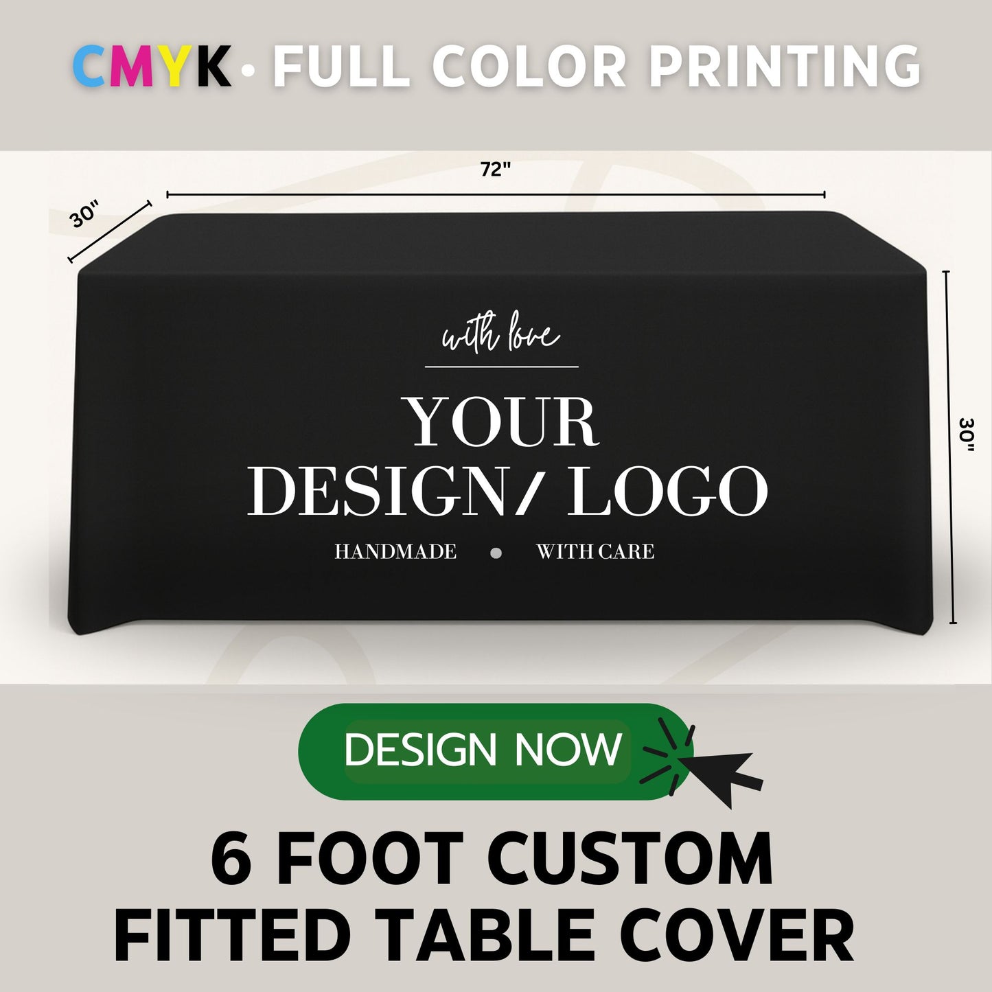 Custom 6ft Fitted Tablecloth with Logo: Waterproof Polyester Event Table Cover