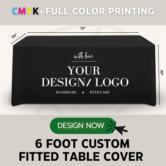 Custom 6ft Fitted Tablecloth with Logo: Waterproof Polyester Event Table Cover