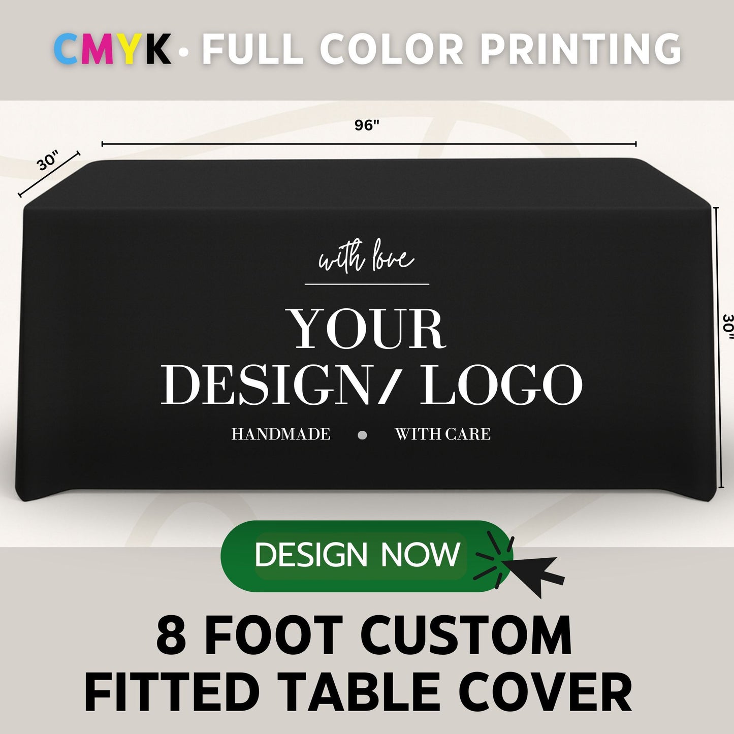 Custom 8ft Fitted Tablecloth with Logo: Waterproof Polyester Event Table Cover