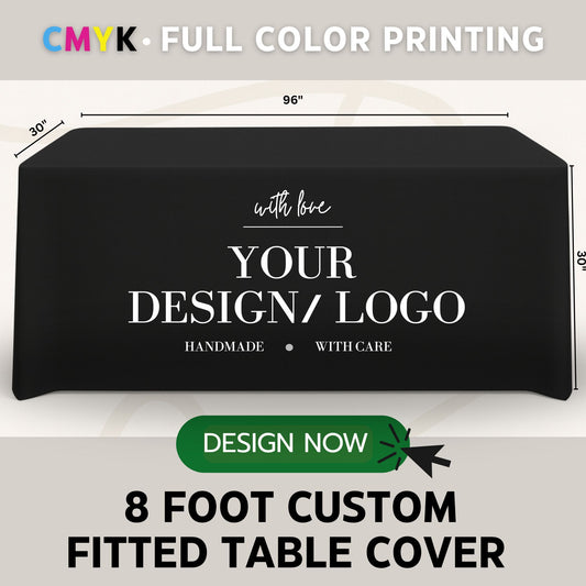 Custom 8ft Fitted Tablecloth with Logo: Waterproof Polyester Event Table Cover