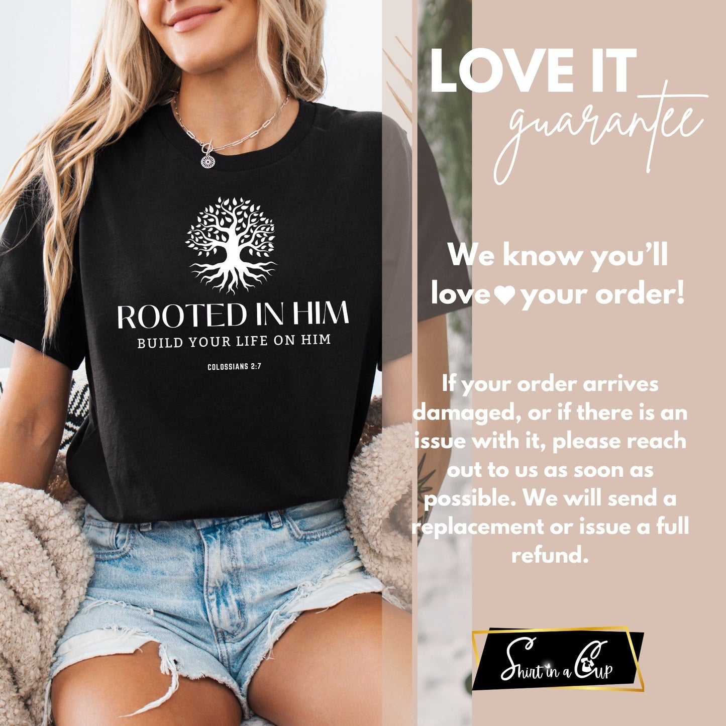 Rooted in Him Shirt – Colossians 2:7 Christian Tee | Bella+Canvas Faith Shirt