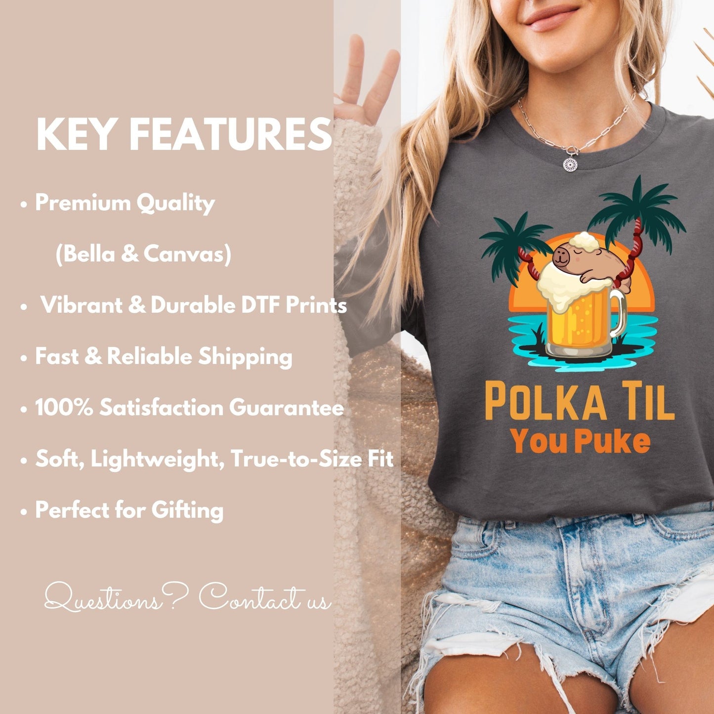 Polka Til You Puke Oktoberfest Shirt – Funny Beer Festival Tee – Sloth & Beer Mug Design – Bella + Canvas 3001