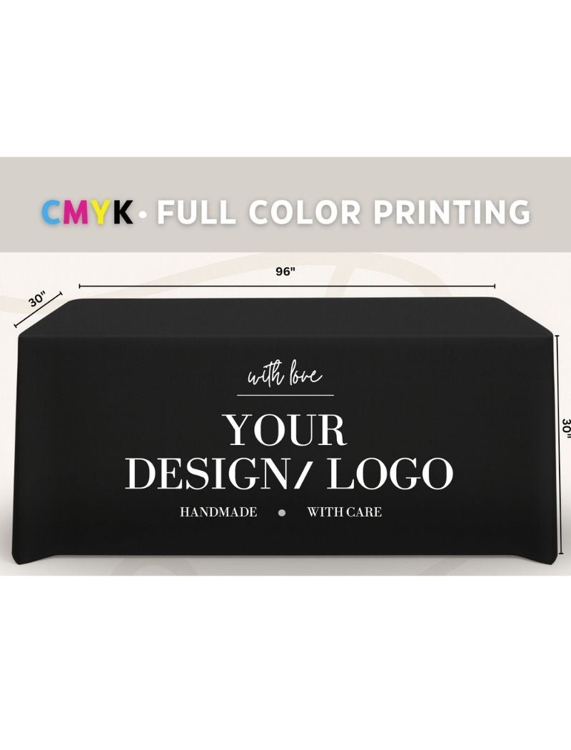 Custom 8ft Fitted Tablecloth with Logo: Waterproof Polyester Event Table Cover