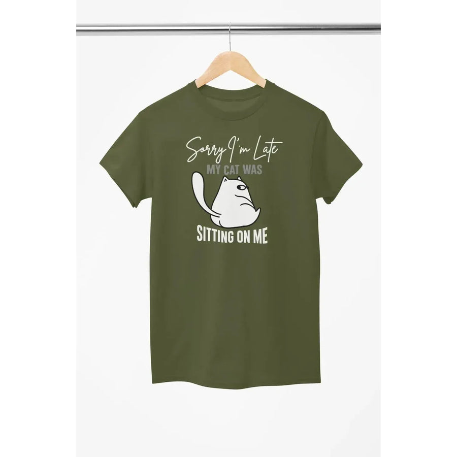 Funny Cat Shirt – Sorry I’m Late My Cat Was Sitting on Me – Cat Lover T-Shirt – Unisex Tee-Shirt in a Cup