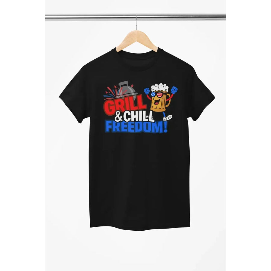 Grill & Chill Freedom T-Shirt – Patriotic Beer & BBQ Shirt for 4th of July-Shirt in a Cup