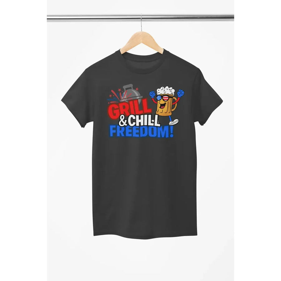 Grill & Chill Freedom T-Shirt – Patriotic Beer & BBQ Shirt for 4th of July-Shirt in a Cup