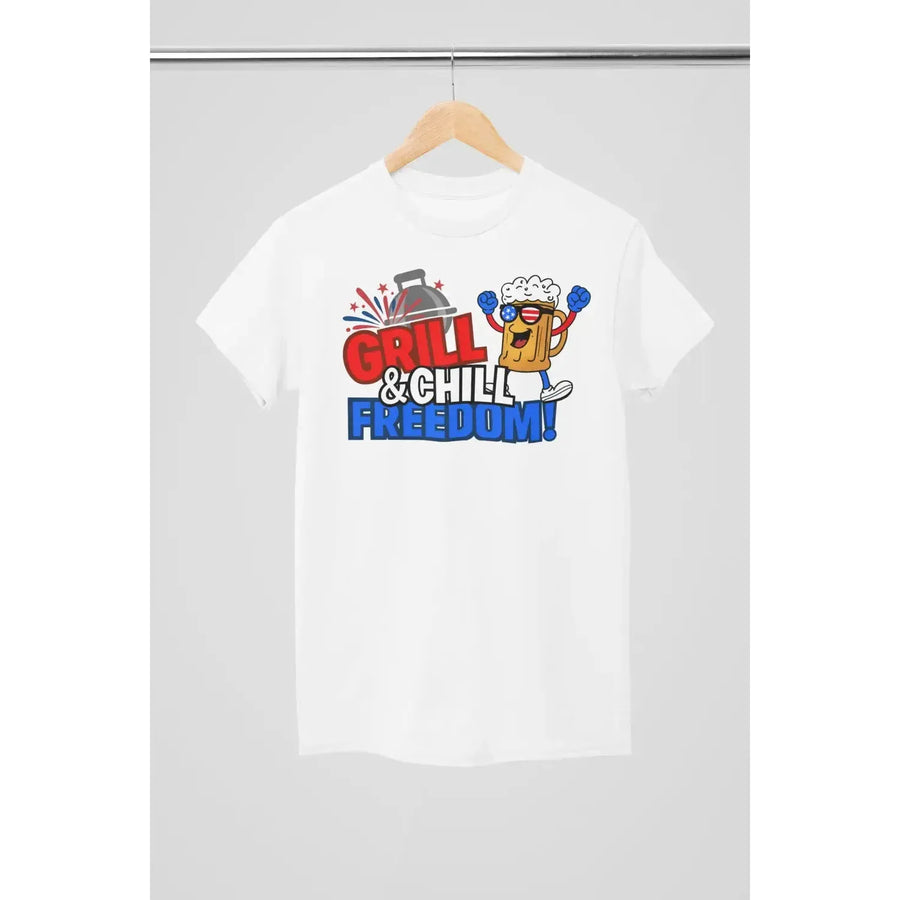 Grill & Chill Freedom T-Shirt – Patriotic Beer & BBQ Shirt for 4th of July-Shirt in a Cup