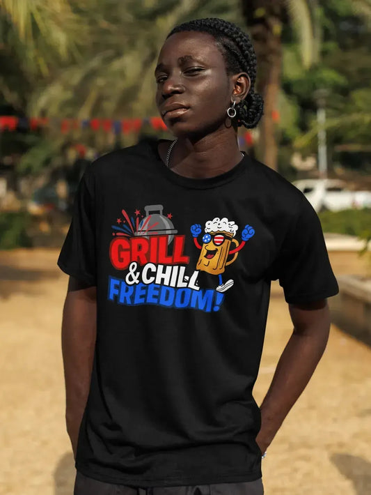 Grill & Chill Freedom T-Shirt – Patriotic Beer & BBQ Shirt for 4th of July-Shirt in a Cup