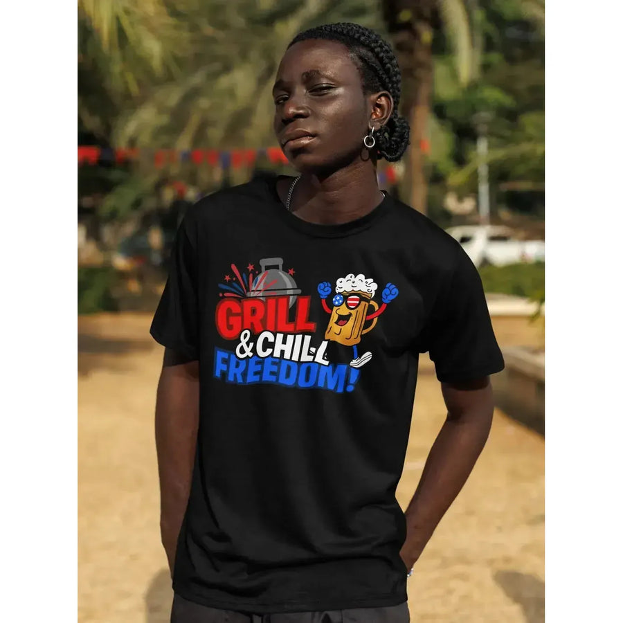 Grill & Chill Freedom T-Shirt – Patriotic Beer & BBQ Shirt for 4th of July-Shirt in a Cup