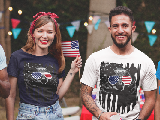 4th of July Bear Shirt – Patriotic USA Flag Glasses Tee for Men & Women